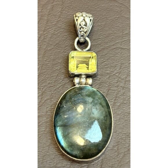 Bali Sterling Silver 925 Large Oval Labradorite Citrine 90’s Chunky Pendant - Picture 4 of 7